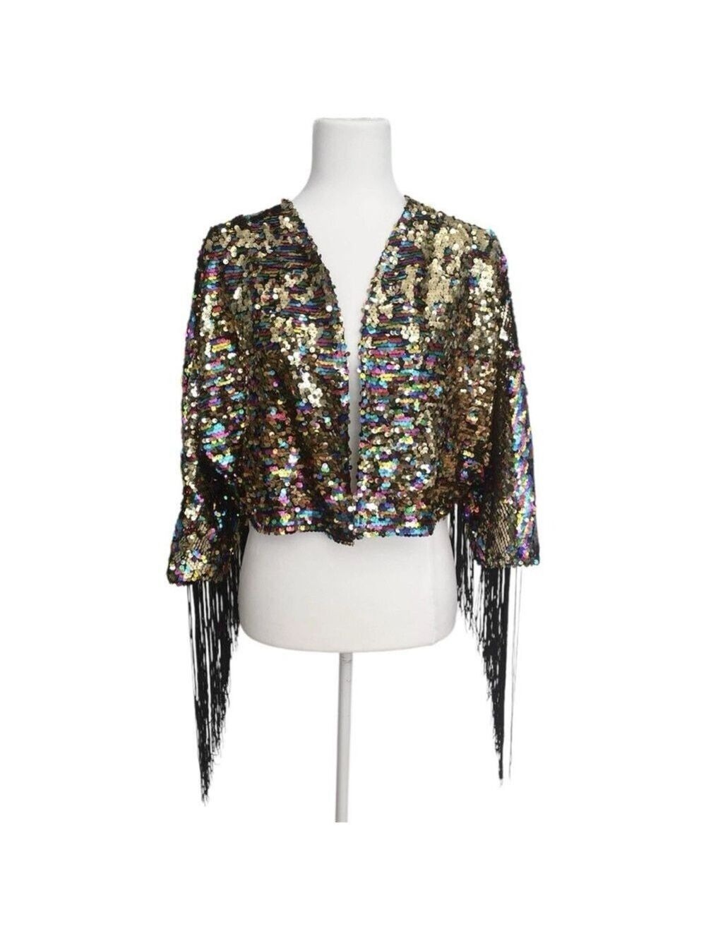 Missguided Gold Sequin Fringe Festival Crop Jacket Iridescent Open Front XS NWT